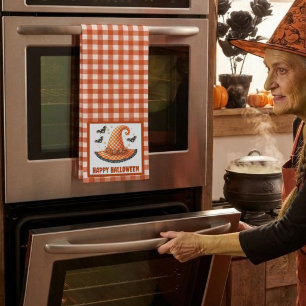 Orange Gingham Halloween Witch Hat and Bats Tea Towel