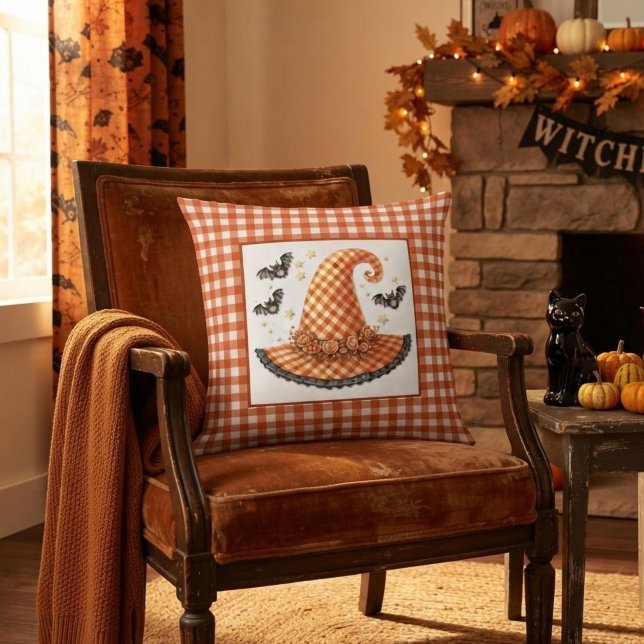Orange Gingham Halloween Witch Hat & Bats Cushion (Creator Uploaded)