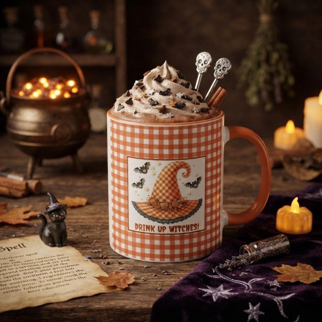 Orange Gingham Halloween Witch Hat & Bats Mug (Creator Uploaded)