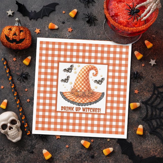 Orange Gingham Halloween Witch Hat & Bats Napkin (Creator Uploaded)