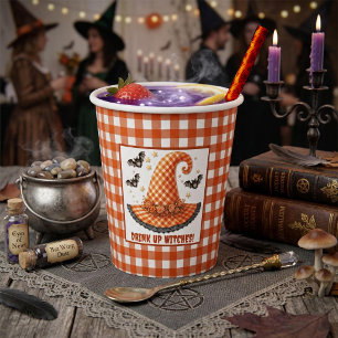 Orange Gingham Halloween Witch Hat & Bats Paper Cups