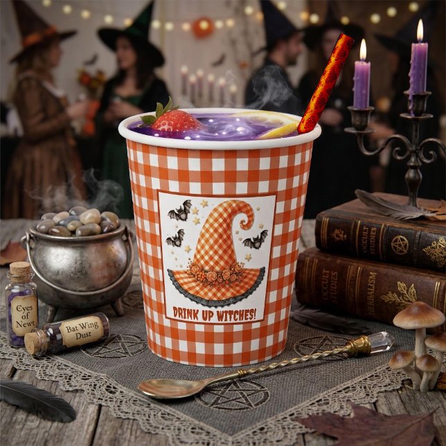 Orange Gingham Halloween Witch Hat & Bats Paper Cups (Creator Uploaded)