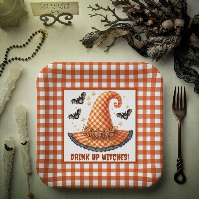Orange Gingham Halloween Witch Hat & Bats Paper Plate (Creator Uploaded)