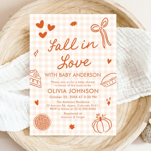 Orange Gingham Hand Drawn Fall in Love Baby Shower Invitation (Orange Gingham Hand Drawn Fall in Love Baby Shower Invitation)