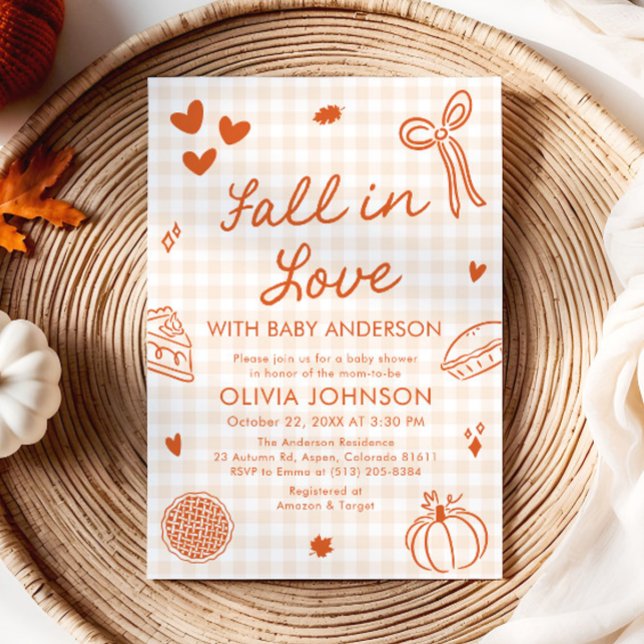Orange Gingham Hand Drawn Fall in Love Baby Shower Invitation (Orange Gingham Hand Drawn Fall in Love Baby Shower Invitation)
