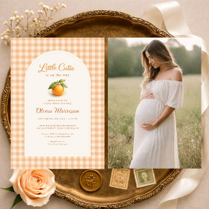 Orange Gingham Little Cutie Photo Baby Shower Invitation