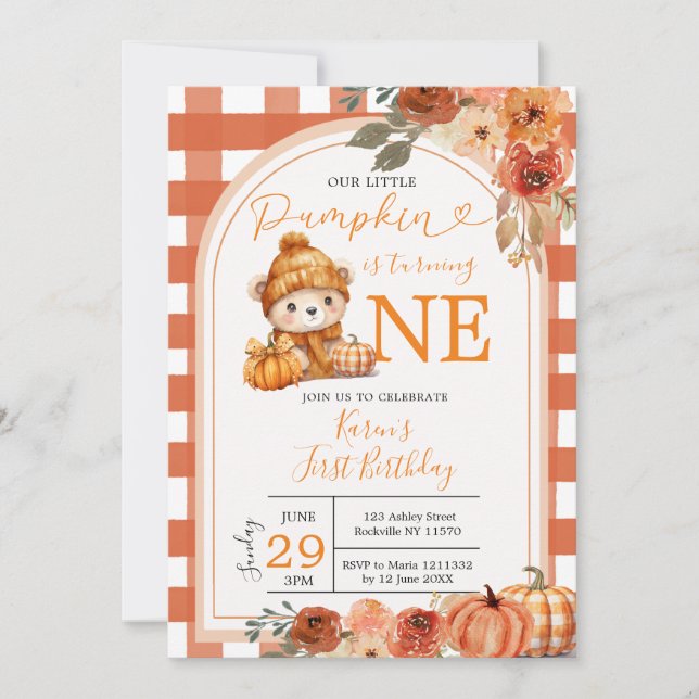 Orange Gingham Our Little Pumpkin 1st Birthday Invitation (Front)