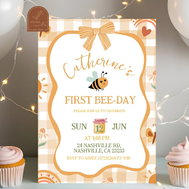 Orange Gingham Plaid Bee Birthday Invitation (Creator Uploaded)