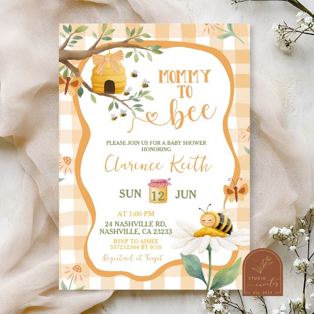 Orange Gingham Plaid Daisy and Bee Baby Shower Invitation (Creator Uploaded)