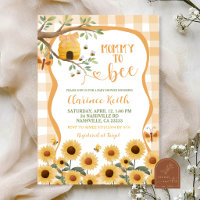Orange Gingham Plaid Sunflower Bee Baby Shower Inv