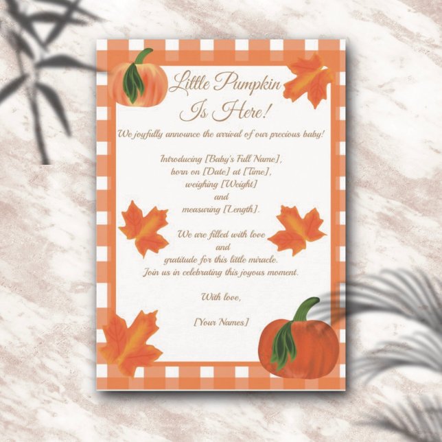 Orange Gingham Pumpkin Birth Announcement  (Creator Uploaded)