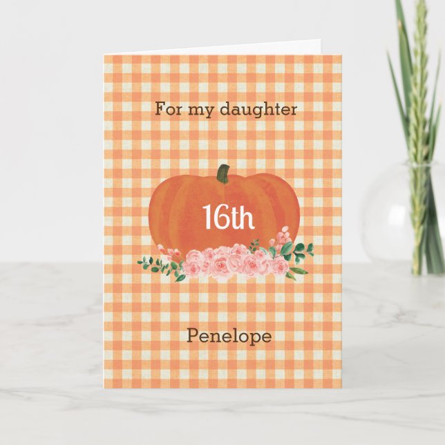 Orange Gingham Pumpkin Fall Birthday Daughter Card (Front)
