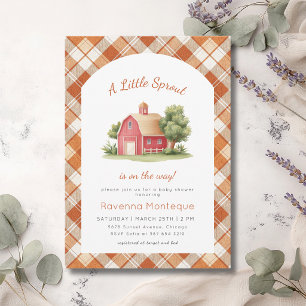 Orange Gingham Red Barn Little Sprout Baby Shower Invitation
