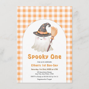 Orange Gingham Spooky One Halloween 1st Birthday Invitation