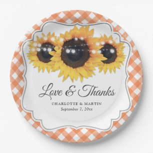 Orange Gingham Sunflower Love and Thanks Wedding Paper Plate