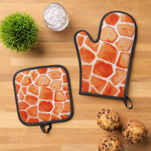 Orange Giraffe Animal Print Oven Mitt & Pot Holder Set