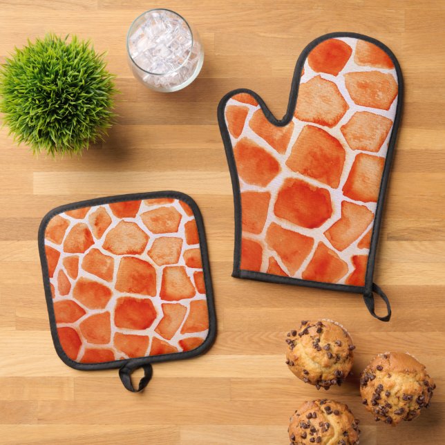 Orange Giraffe Animal Print Oven Mitt & Pot Holder Set (Top Down)