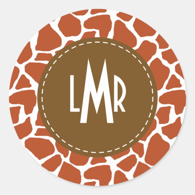 Orange Giraffe Pattern Monogram Classic Round Sticker (Front)