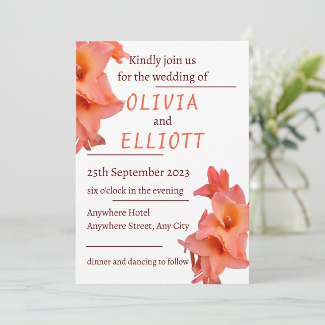Orange Gladiolus Floral Wedding Invitation (Standing Front)