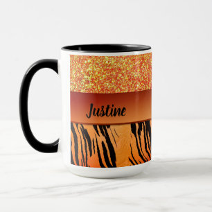 Orange Glam Glitter Tiger Print Personalised Mug