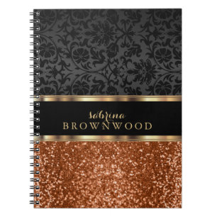 Orange Glitter and Black Damask  Notebook