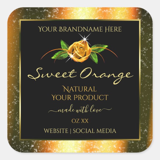 Orange Glitter Black Product Labels Rose Flower (Front)