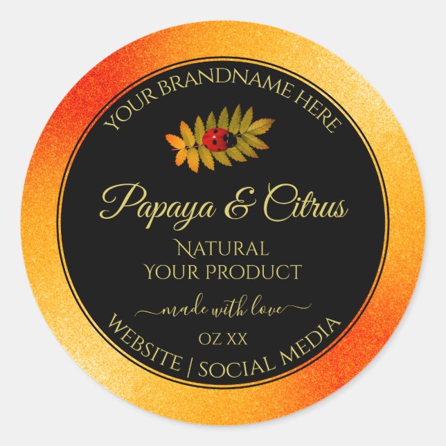 Orange Glitter Black Product Labels with Ladybug (Front)