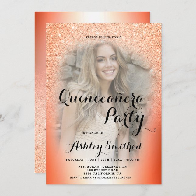Orange glitter ombre metallic photo Quinceañera Invitation (Front/Back)