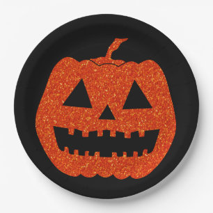 Orange Glitter Pumpkin Halloween Paper Plate