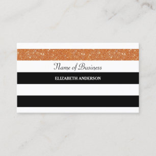 Orange Glitter Trendy Black and White Stripes Business Card