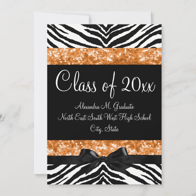 Orange Glitter Zebra Bow Graduation Invite (Front)