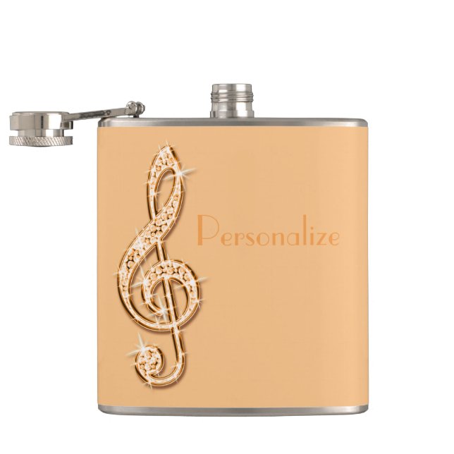 Orange Glitzy Sparkly Music Notes Hip Flask (Opened)