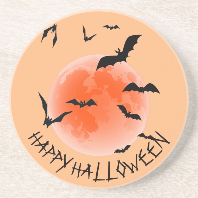 Orange Globe Black Bats - Happy Halloween Coaster (Front)