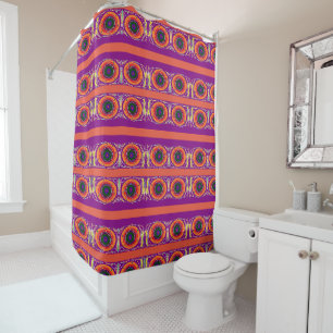 Orange globes with black on purple shower curtain
