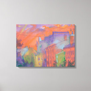 Orange Glow City Sunset Landscape Pastel Painting  Canvas Print