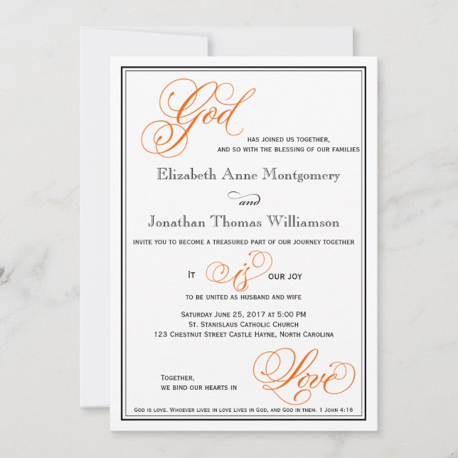 Orange God is Love Christian Wedding Invitation (Front)