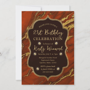 Orange & Gold Autumn Fall Marble 21st Birthday Invitation