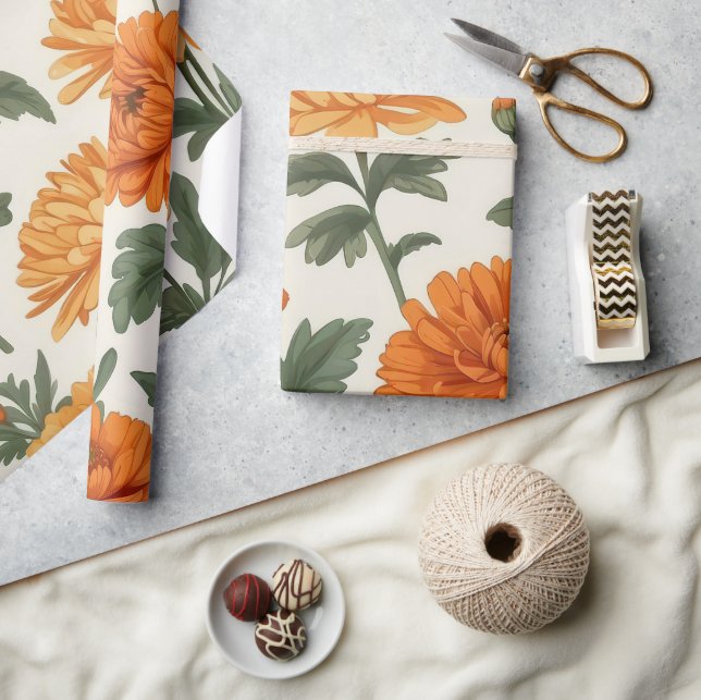 Orange Gold Autumn Marigolds Foliage Pattern  Wrapping Paper (Crafts)