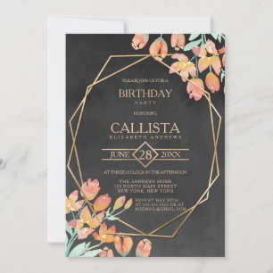 Orange Gold Black Floral Terrarium Birthday Party Invitation