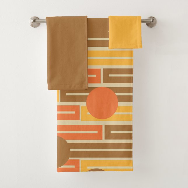 Orange, Gold, Brown Rectangles and Circles Bath To Bath Towel Set (Insitu)