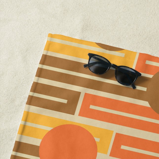 Orange, Gold, Brown Rectangles and Circles Beach Towel (In Situ)