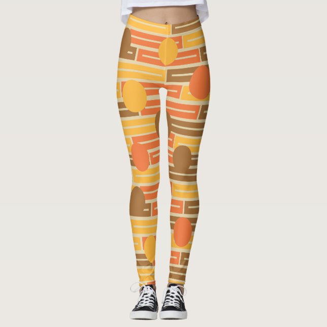 Orange, Gold, Brown Rectangles and Circles Leggings (Front)