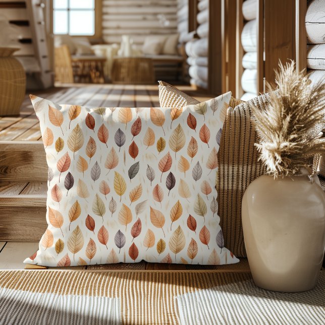 Orange Gold Brown Watercolor Pattern Autumn Leaves Cushion (Creator Uploaded)