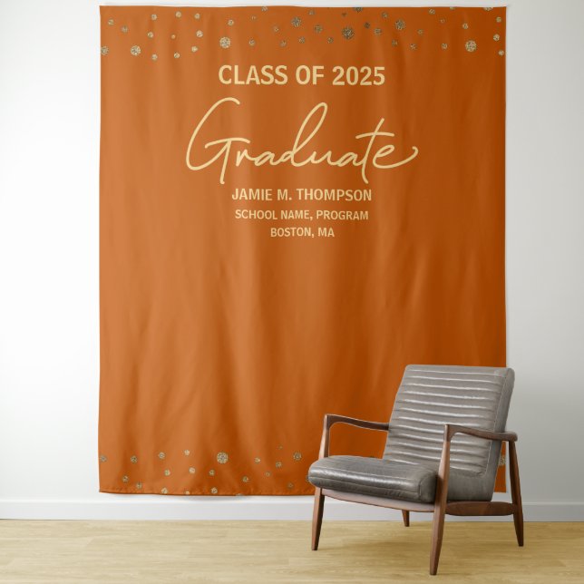 Orange Gold Class of 2025 backdrop Graduation Tapestry (In Situ)