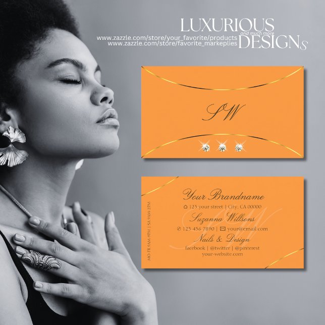 Orange Gold Decor Borders Diamonds and Monogram Business Card (Creator Uploaded)