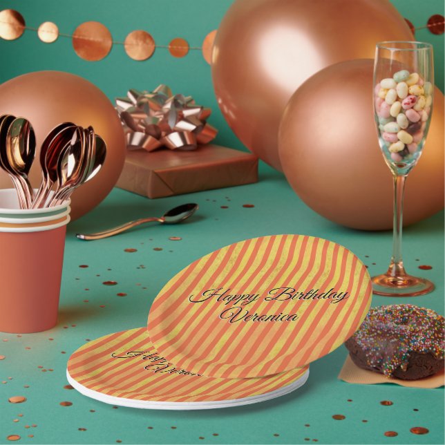 Orange Gold Distressed Stripes Personalised Retro Paper Plate (Multi)