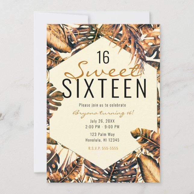 Orange Gold Elegant Tropical Palm Leaves Sweet 16 Invitation (Front)