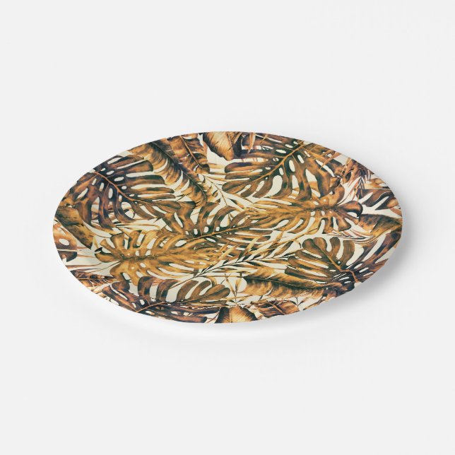 Orange Gold Elegant Tropical Palm Leaves Wedding Paper Plate (Angled)