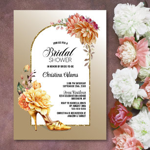 Orange Gold Floral Arch Gold Bridal Shower Invitation