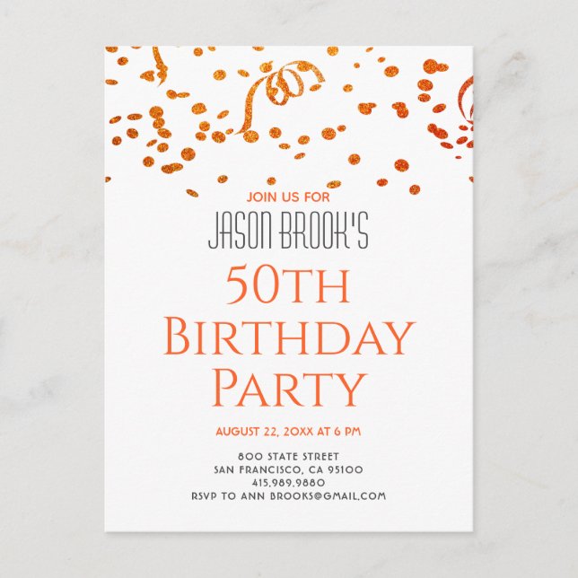 Orange Gold Glitter Confetti White 50th Birthday Invitation Postcard (Front)